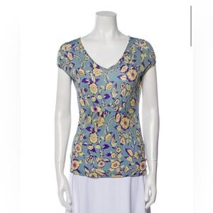 Etro Blue and Yellow Floral V-Neck Blouse